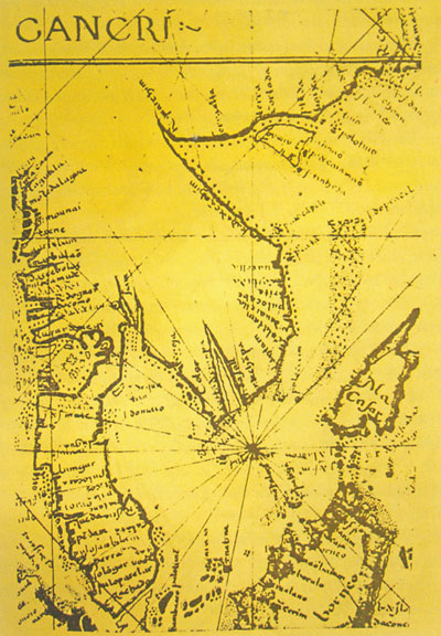 A 16th- century Portuguese nautical map depicting Hoang Sa and Truong Sa archipelagoes as a single archipelago located to the east of Viet Nam’s mainland.